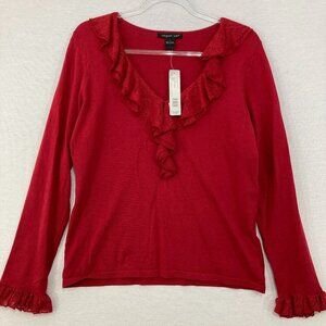 New August Silk Large Red V Neck Ruffle Stretch Knit Silk Blend Feminine Top